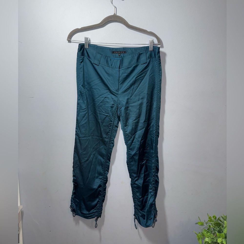Theory Turquoise Rayon Wool Women's Ruched Cropped/capri Leg Pants Size 6 EUC